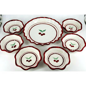 Vtg Crate & Barrel Cherry Pie Ceramic Baking Dish w/6 Individual Baking Dishes
